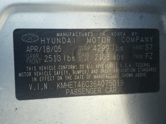 KMHET46C36A075019 - 2006 HYUNDAI SONATA GL SILVER photo 10