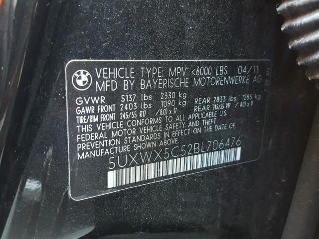 5UXWX5C52BL706476 - 2011 BMW X3 XDRIVE2 BLACK photo 10