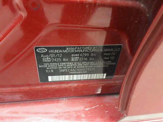 5NPEC4ACXDH574515 - 2013 HYUNDAI SONATA SE RED photo 10