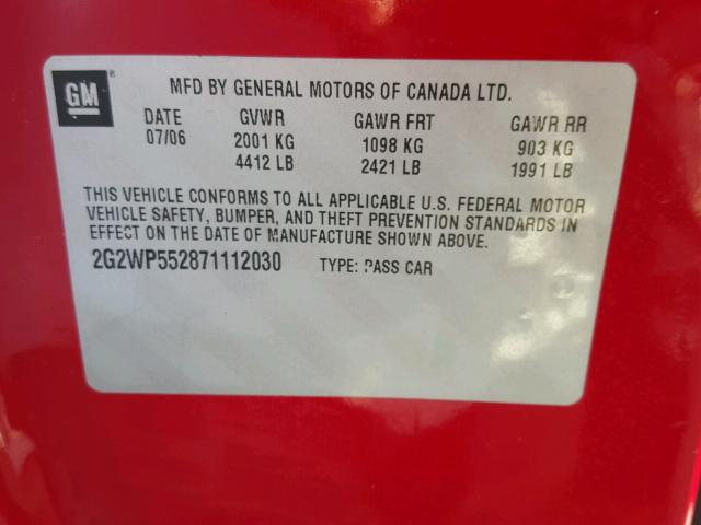 2G2WP552871112030 - 2007 PONTIAC GRAND PRIX RED photo 10