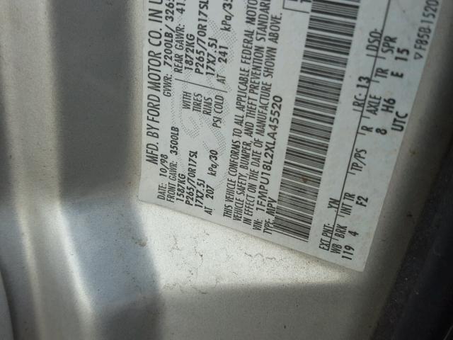 1FMPU18L2XLA45520 - 1999 FORD EXPEDITION SILVER photo 10