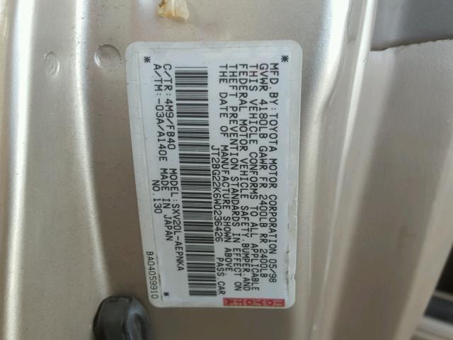 JT2BG22K6W0236426 - 1998 TOYOTA CAMRY CE BEIGE photo 10