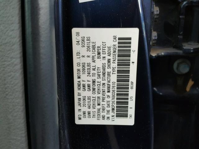 JHMCP26768C067610 - 2008 HONDA ACCORD EX BLUE photo 10