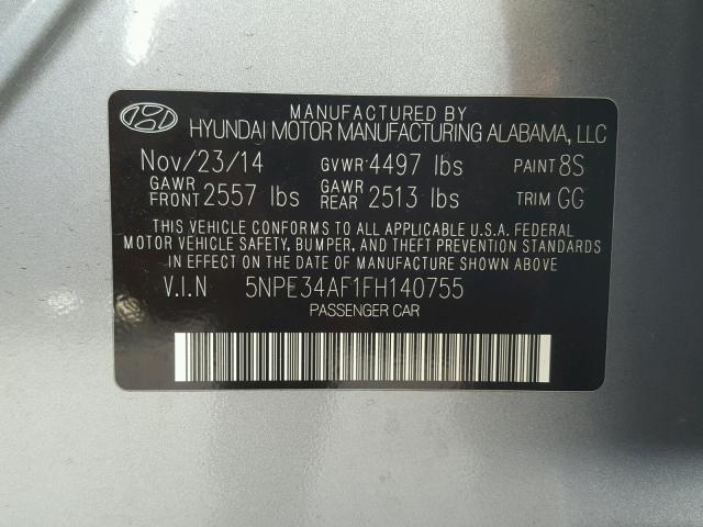 5NPE34AF1FH140755 - 2015 HYUNDAI SONATA SPO BLUE photo 10