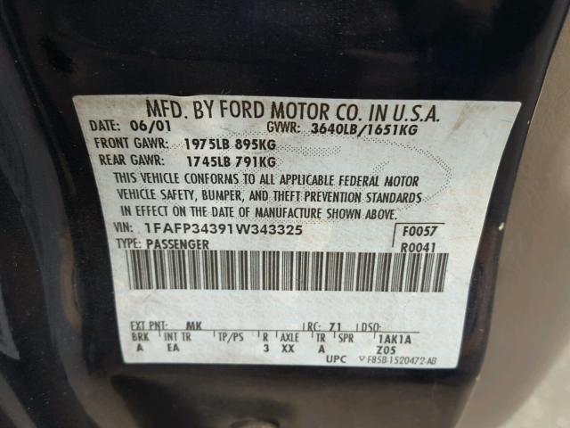 1FAFP34391W343325 - 2001 FORD FOCUS SE BLUE photo 10