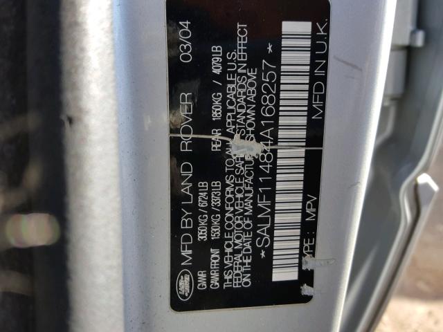 SALMF11484A168257 - 2004 LAND ROVER RANGE ROVE SILVER photo 10