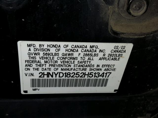 2HNYD18252H513417 - 2002 ACURA MDX BLACK photo 10