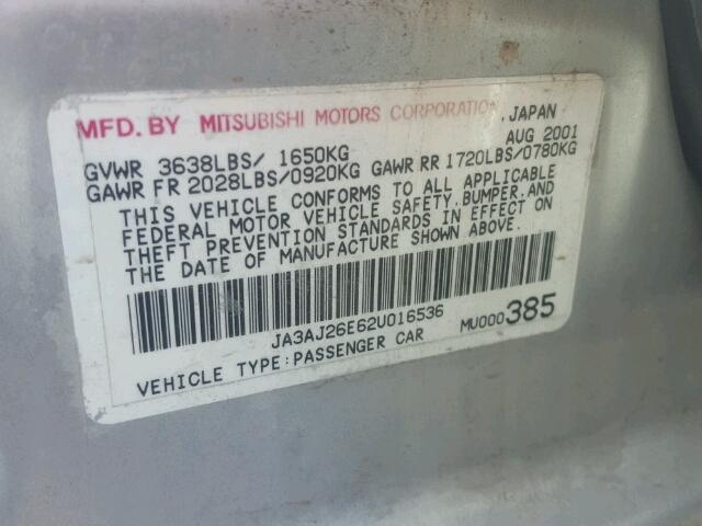 JA3AJ26E62U016536 - 2002 MITSUBISHI LANCER ES SILVER photo 10