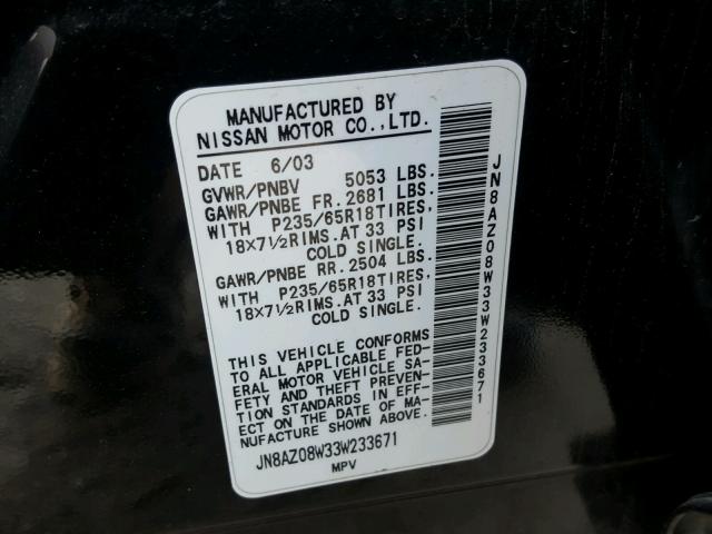 JN8AZ08W33W233671 - 2003 NISSAN MURANO SL BLACK photo 10