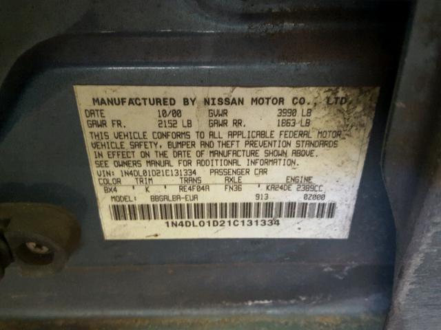 1N4DL01D21C131334 - 2001 NISSAN ALTIMA XE TEAL photo 10