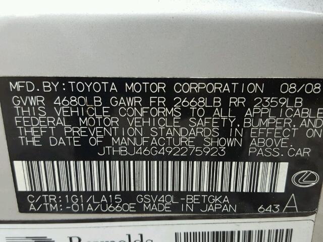 JTHBJ46G492275923 - 2009 LEXUS ES 350 SILVER photo 10