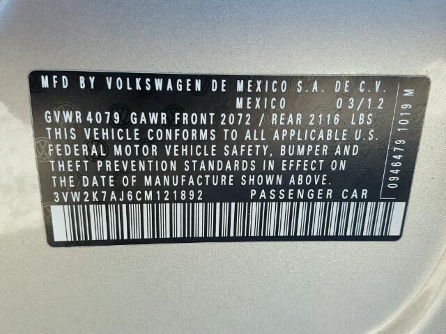 3VW2K7AJ6CM121892 - 2012 VOLKSWAGEN JETTA BASE GOLD photo 10