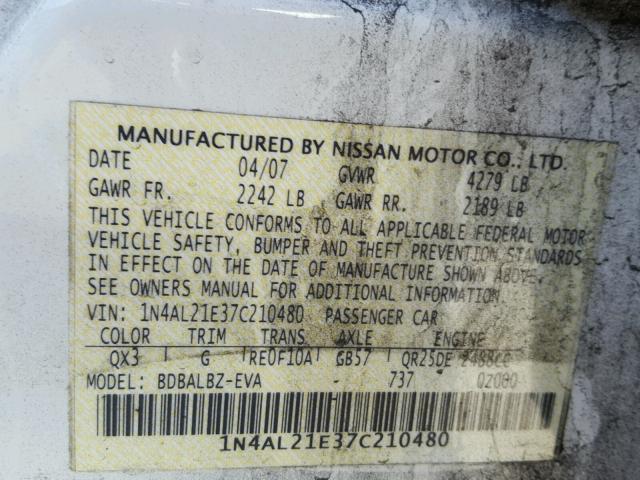 1N4AL21E37C210480 - 2007 NISSAN ALTIMA 2.5 WHITE photo 10