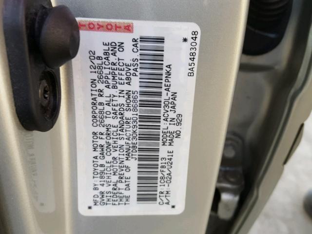 JTDBE30K930186865 - 2003 TOYOTA CAMRY LE SILVER photo 10