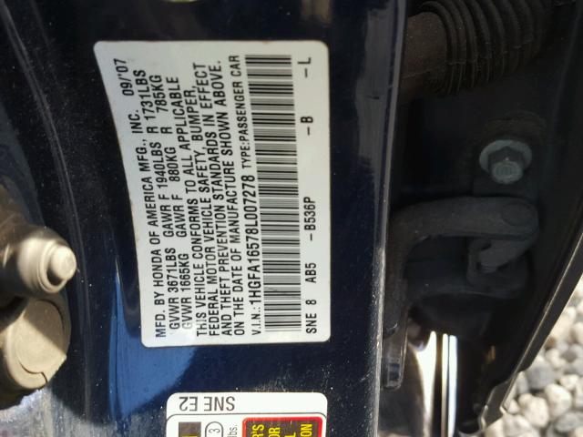 1HGFA16578L007278 - 2008 HONDA CIVIC LX BLUE photo 10