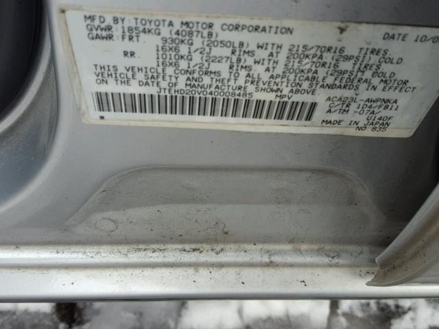 JTEHD20V040008485 - 2004 TOYOTA RAV4 SILVER photo 10