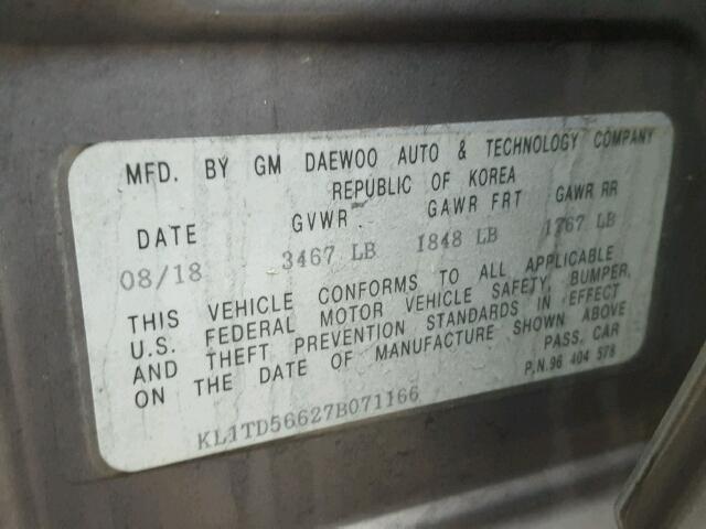KL1TD56627B071166 - 2007 CHEVROLET AVEO BASE Szary zdjęcie 10