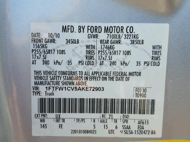 1FTFW1CV5AKE72903 - 2010 FORD F150 SUPER SILVER photo 10