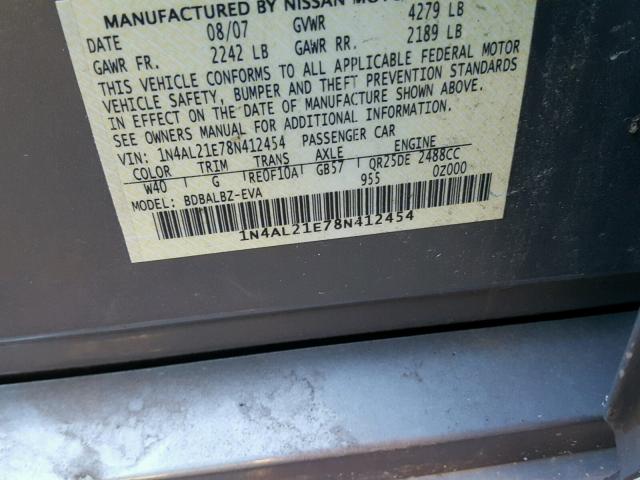 1N4AL21E78N412454 - 2008 NISSAN ALTIMA 2.5 GRAY photo 10