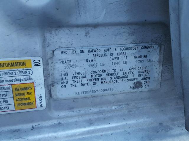 KL1TD56657B099379 - 2007 CHEVROLET AVEO BASE SILVER photo 10