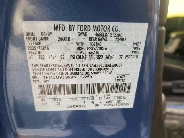 1FMCU93G99KC12259 - 2009 FORD ESCAPE XLT BLUE photo 10