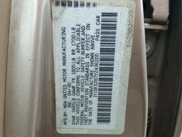 1Y1SK5287YZ436205 - 2000 CHEVROLET GEO PRIZM SILVER photo 10