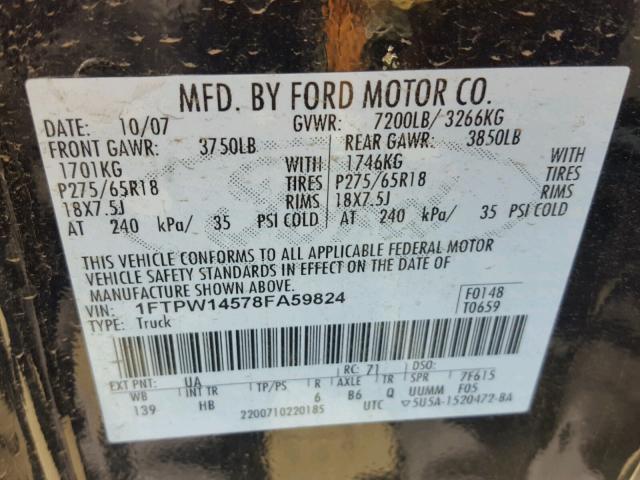 1FTPW14578FA59824 - 2008 FORD F150 SUPER BLACK photo 10