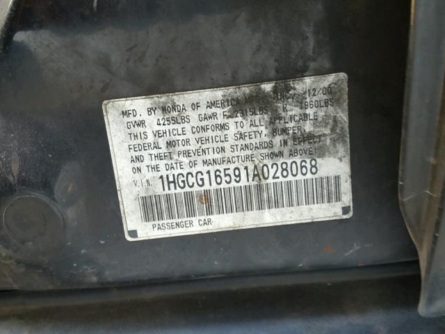 1HGCG16591A028068 - 2001 HONDA ACCORD EX BLACK photo 10