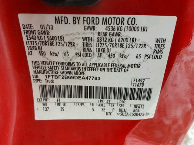 1FTBF2B69DEA47783 - 2013 FORD F250 SUPER RED photo 10