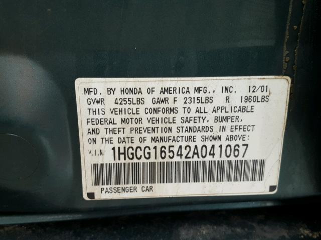 1HGCG16542A041067 - 2002 HONDA ACCORD EX GREEN photo 10