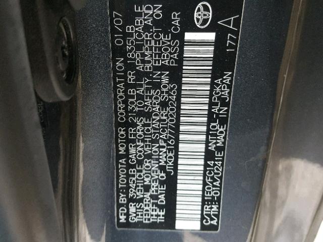 JTKDE167770202463 - 2007 TOYOTA SCION TC GRAY photo 10