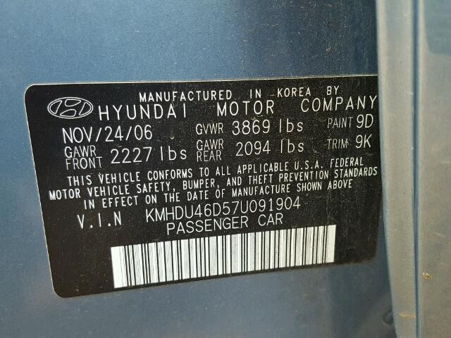 KMHDU46D57U091904 - 2007 HYUNDAI ELANTRA GL BLUE photo 10