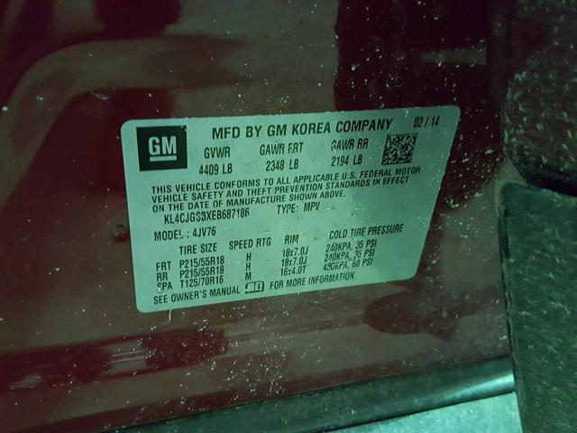 KL4CJGSBXEB687186 - 2014 BUICK ENCORE RED photo 10