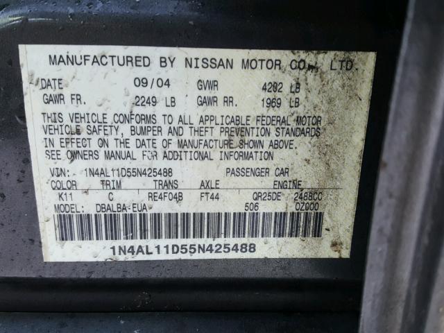 1N4AL11D55N425488 - 2005 NISSAN ALTIMA S GRAY photo 10