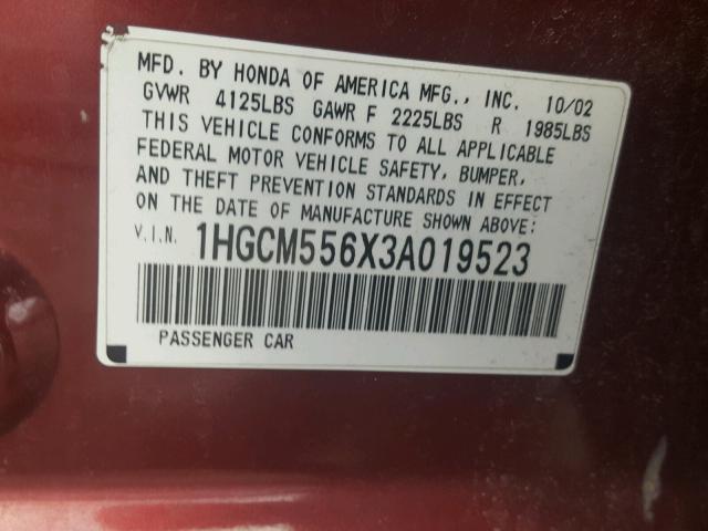 1HGCM556X3A019523 - 2003 HONDA ACCORD EX RED photo 10
