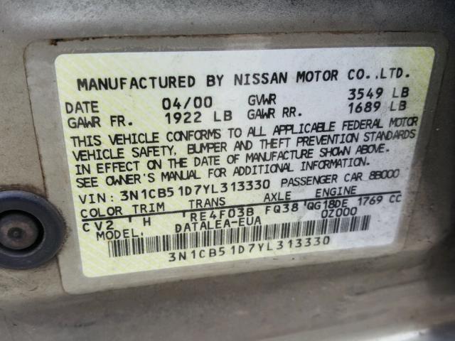 3N1CB51D7YL313330 - 2000 NISSAN SENTRA BAS GOLD photo 10