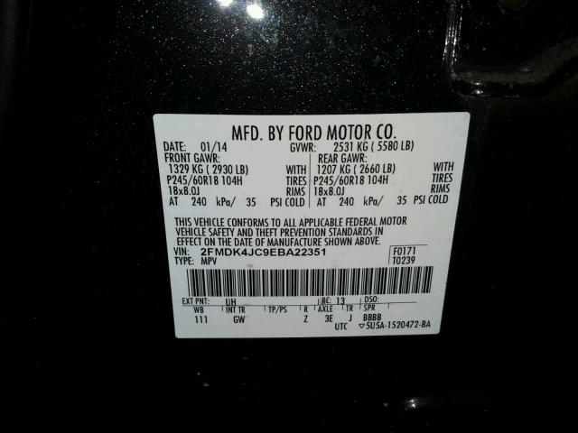 2FMDK4JC9EBA22351 - 2014 FORD EDGE SEL BLACK photo 10