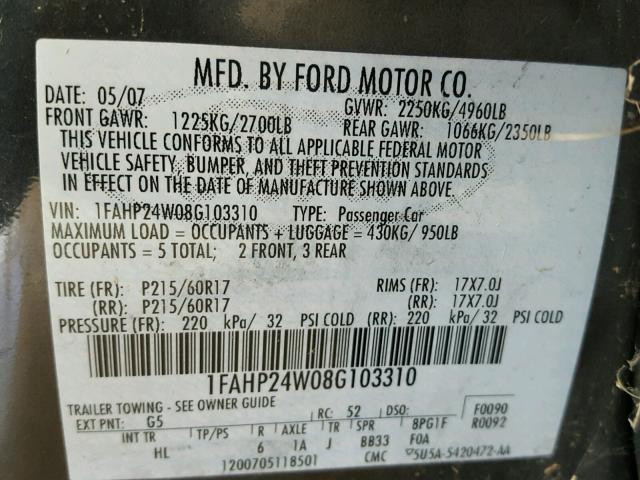 1FAHP24W08G103310 - 2008 FORD TAURUS SEL BLACK photo 10