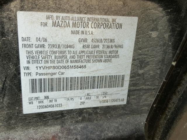 1YVHP80D065M58465 - 2006 MAZDA 6 S BLACK photo 10