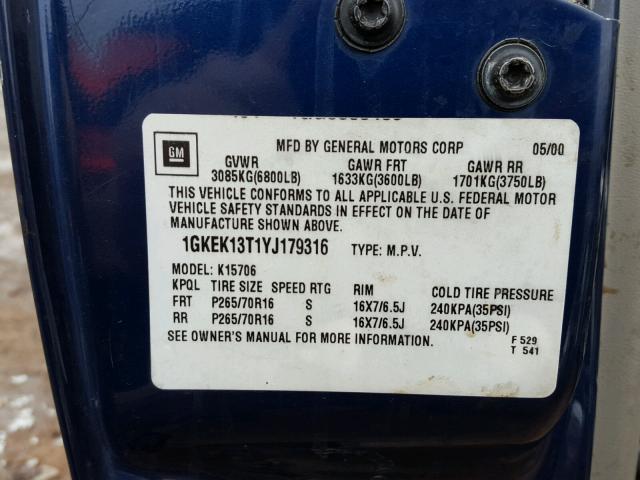 1GKEK13T1YJ179316 - 2000 GMC YUKON BLUE photo 10