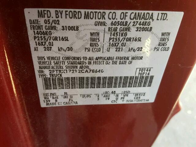 2FTRX17212CA78640 - 2002 FORD F150 RED photo 10