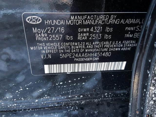 5NPE24AA6HH451480 - 2017 HYUNDAI SONATA ECO BLACK photo 10