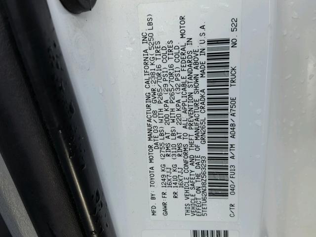 5TETU62N38Z563293 - 2008 TOYOTA TACOMA PRE WHITE photo 10