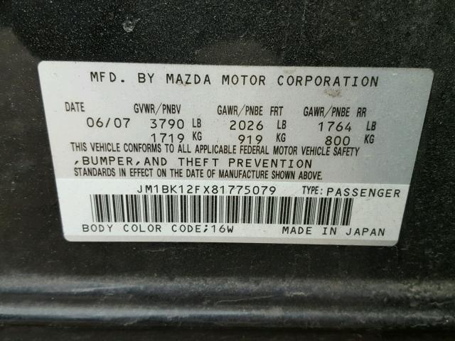 JM1BK12FX81775079 - 2008 MAZDA 3 I BLACK photo 10