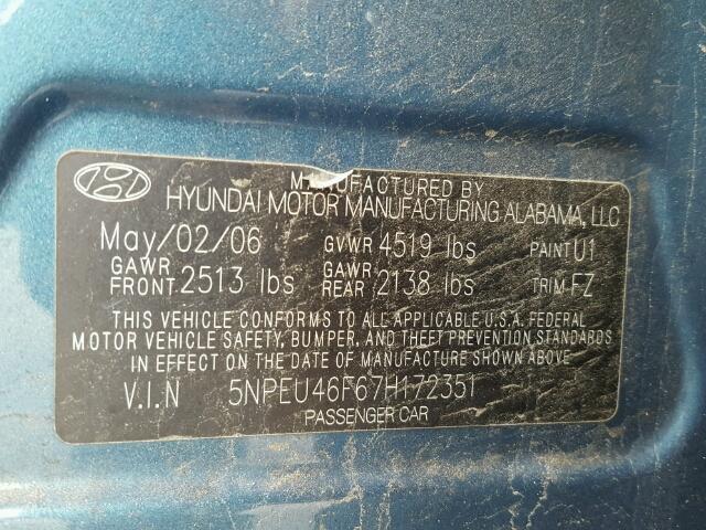 5NPEU46F67H172351 - 2007 HYUNDAI SONATA SE TEAL photo 10