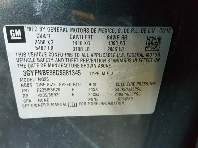 3GYFNBE38CS581345 - 2012 CADILLAC SRX PERFOR GRAY photo 10