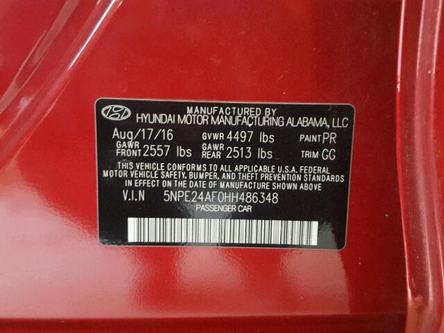 5NPE24AF0HH486348 - 2017 HYUNDAI SONATA SE RED photo 10