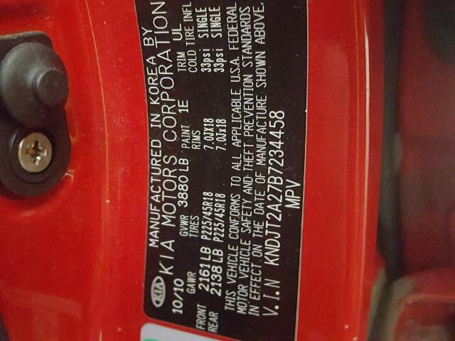 KNDJT2A27B7234458 - 2011 KIA SOUL + RED photo 10