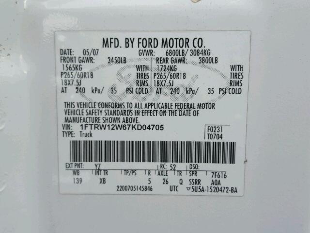 1FTRW12W67KD04705 - 2007 FORD F150 SUPER WHITE photo 10