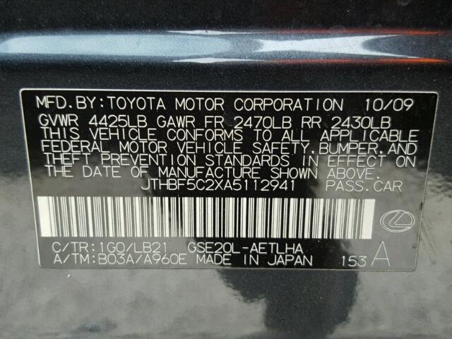 JTHBF5C2XA5112941 - 2010 LEXUS IS 250 GRAY photo 10